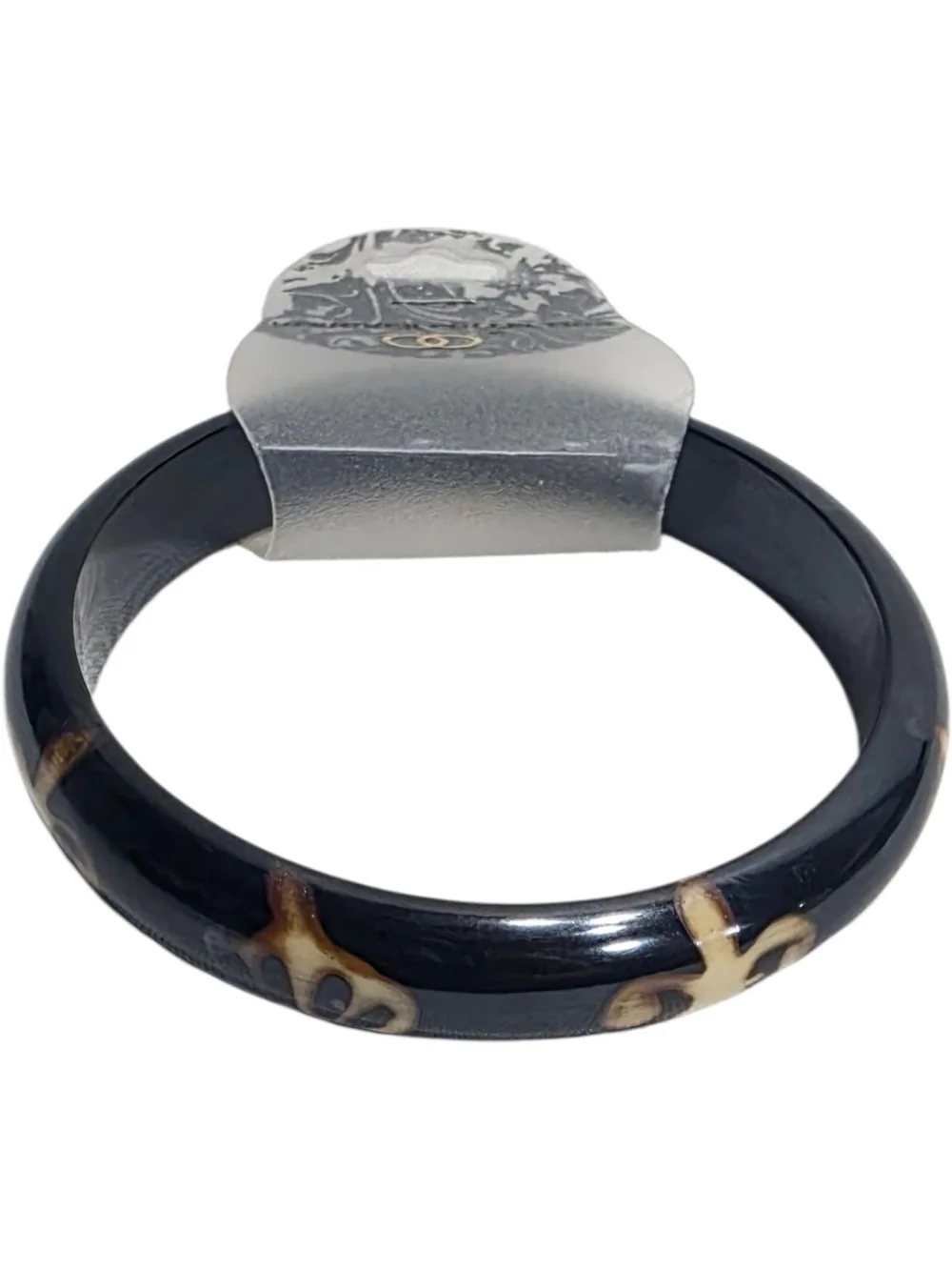 Designer Collection Black Resin Bangle Bracelet Tortoise Floral Inlay Size 7.85